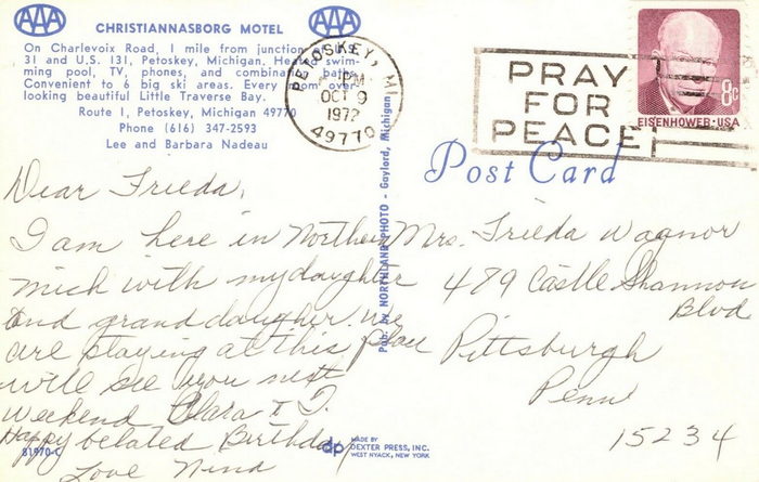 Bay Inn of Petoskey (Christiannasborg Motel) - Vintage Postcard Back (newer photo)